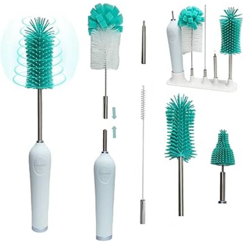 Electric Baby Bottle Brush with Holder, Stainless Steel Automatic Bottle Cleaner Brush with Extension Handle,Sponge Bottle Brush,Silicone Water Bottle Cleaner,Nipple Brush, Straw Brush,Green