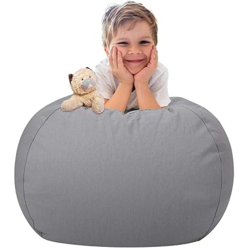 Aubliss Stuffed Animal Storage Bean Bag Chair Cover (No Beans)，Stuff and Sit Storage Bean Bag for Kids Toy Storage，Medium 32"-Canvas Solid Grey