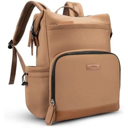 VONAL Neoprene Diaper Bag Backpack with Changing Pad, 33L Large Capacity Neoprene Backpack Baby Diaper Bag with Insulated Pockets, Travel Diaper Backpack Baby with 12 Pockets for Mom & Dad, Brown