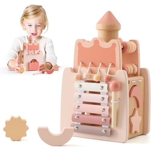 Wooden Activity Cube 9-in-1 Montessori Toys for 3+ Year Old Boys & Girls, Multipurpose Educational Sensory Learning Toys for Baby Toddlers with Mirror, First Birthday Gift (Castle)