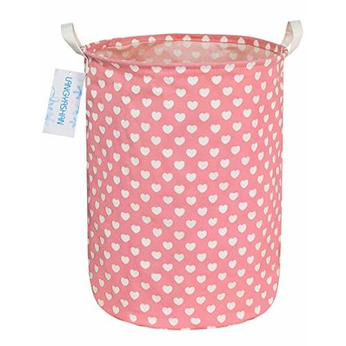 LANGYASHAN Laundry Basket Canvas Fabric Collapsible Organizer Basket for Storage Bin Toy Bins Gift Baskets Bedroom Clothes Children Nursery Hamper (Pink Heart)