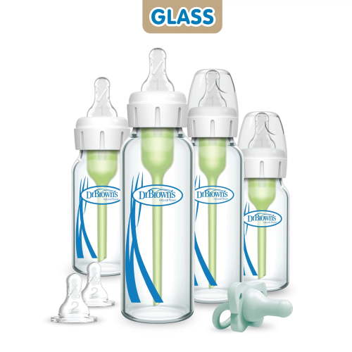Dr. Brown's Anti-Colic Options+ Narrow Glass Bottle Starter Set, 4 oz / 8 oz Bottles, Level 1 and 2 Nipples, and HappyPaci Pacifier