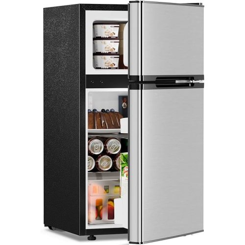 Antarctic Star 3.2 Cu.Ft,Mini Refrigerator with Freezer,Double Door Mini Fridge,Compact Refrigerator,Adjustable Thermostat,Mini Refrigerator for Bedroom/Office/Dorm/Kitchen(Silver)
