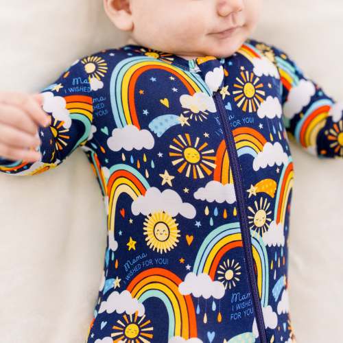 Bamboo Footie Zipper Baby Pajama - Rainbow Baby Blue Bamboo Onesie Sleeper - Mama I Wished for You Affirmation – Raising Mama