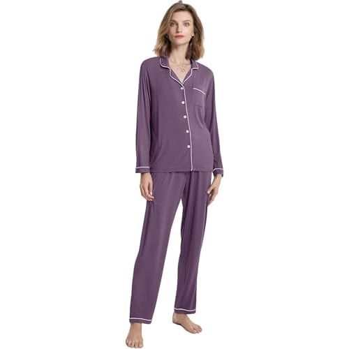 SIORO Ladies Soft Pajamas Set 2 Piece Modal Long Sleeve Loungewear for Women, Button Up Sleepwear Pj Outfits