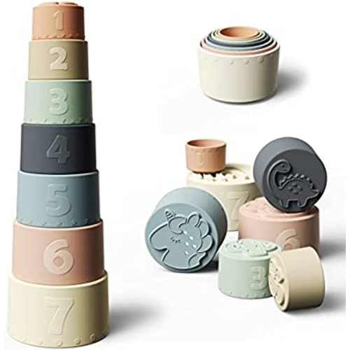 Moonkie Baby Stacking Cups Toy, Fun Educational Stack Up Cup Silicone Soft Teething Toy (Fine Day)