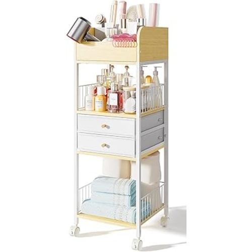 Makeup Organizer Cart with Drawers, Rolling Bathroom Organizers and Storage- Versatile Skincare & Perfume Storage Vanity Organizer, Natural Wood & White Iron