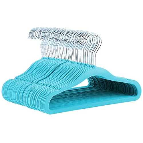 Amazon Basics Kids Velvet, Non-Slip Clothes Hangers for Infant and Toddler, 11.6 inches (for baby clothes), Pack of 50, Blue