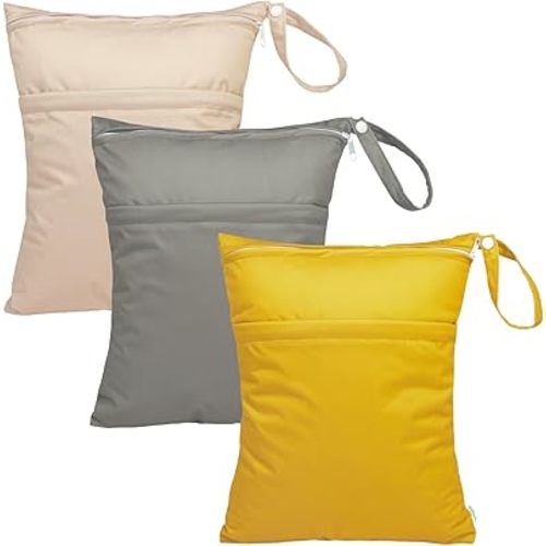 babygoal Wet Dry Bags for Baby Cloth Diapers, Washable Travel Bags, Beach, Pool, Gym Bag for Swimsuits & Wet Clothes with Two Zippered Pockets 3 Pack, 3LN24