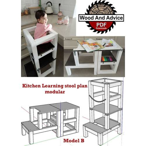 Transformable kitchen step stool, safety stool or kids step stool is adjustable kitchen chair or Montessori tower for toddler.