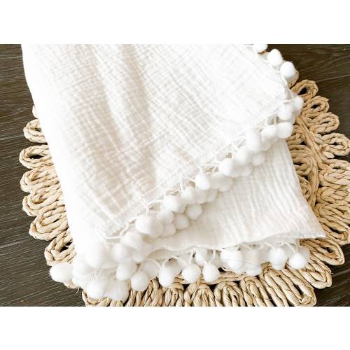 White Pom Muslin Swaddle Blanket, White Pom blanket, White Pom Swaddle, Newborn Swaddle, Pom baby blanket, Pom Pom blanket