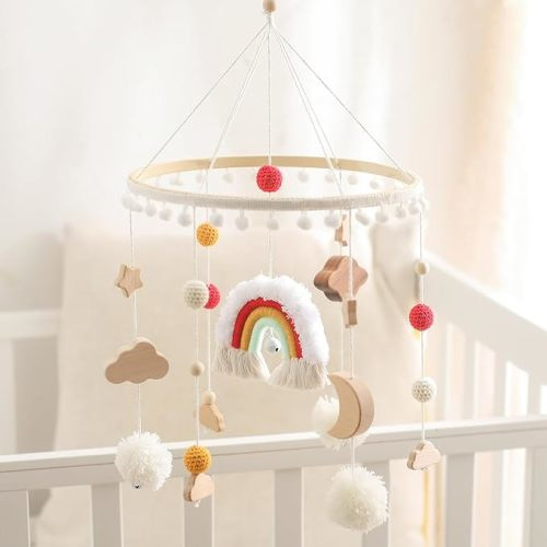 Baby Crib Mobile for Boys Girls Rainbow Nursery Mobile Gender Neutral Hand-Crocheted Mobile Ceiling Mobile - Rainbow, Clouds, Moon