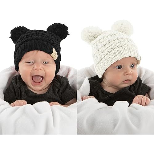Funky Junque Baby Beanie Hat - Soft Knit Winter Cap with Double Pom Pom - Easter Pastels, Classic Solids, Value Packs