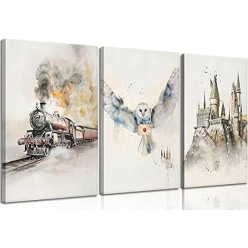 3pcs Magic Nursery Canvas wall art Express train Snowy owl Magic castle Painting Wall Decor Neutral watercolor Poster Print Artwork for Kid Baby Nursery Home Decoration