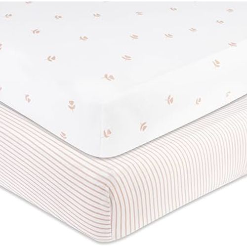 Pack and Play Sheet 2 Pack - Pack and Play Sheets Fitted with 100% Jersey Cotton - Pack N Play Mattress Sheets for Boys and Girls, Newborn Essentials (Pink Tulips & Stripes)