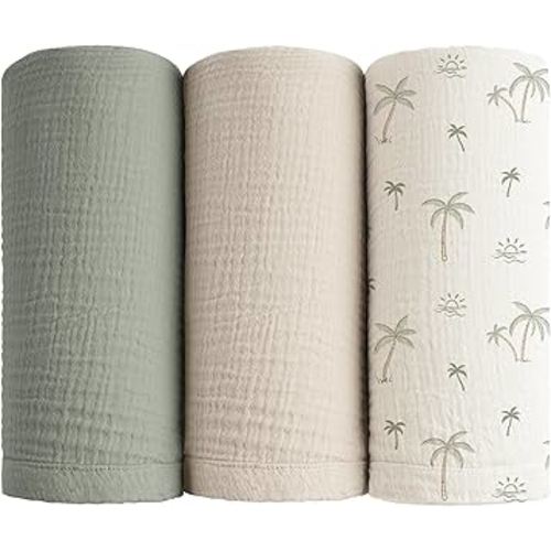 Konssy Muslin Swaddle Blankets for Baby Girls Boys 3 Pack, Receiving Blanket Large 47 x 47 inches, Soft Breathable Muslin Baby Blanket for Unisex Newborn (Tree)