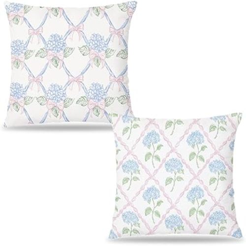 XUISWELL841 Pink and Blue Grandmillennial Floral Hydrangea Pillow Covers 18x18, Pink and Blue Coquette Cottage Core Grand Millenial Floral Hydrangea Decor for Nursery Girls Room Bedroom Dorm, Set of 2