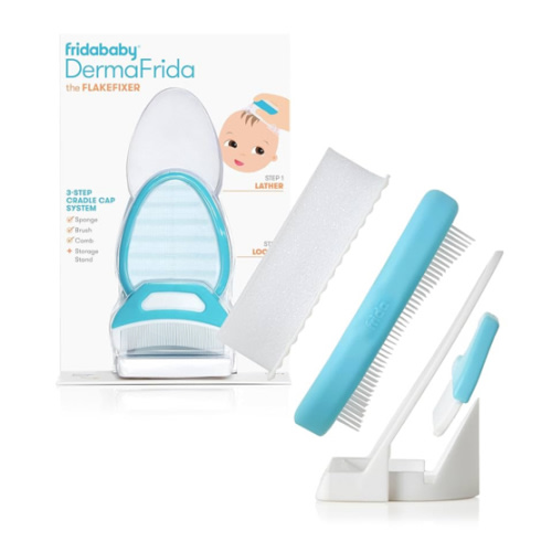 Frida Baby The 3-Step Cradle Cap System, DermaFrida The FlakeFixer, Sponge, Brush, Comb and Storage Stand for Babies with Cradle Cap, White-Blue