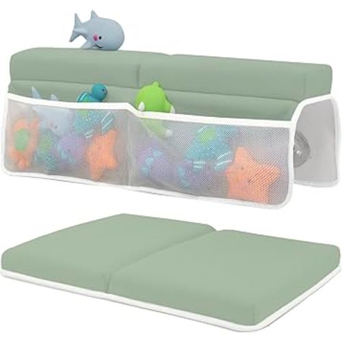 Baby Bath Kneeler and Elbow Rest Pad Set - Baby Bath Support for Knees and Elbows - Bath Kneeler Pad with Memory Foam and Bath Toys Organizer - Ideal Bath Kneeling Pad for Bathing Baby - Green