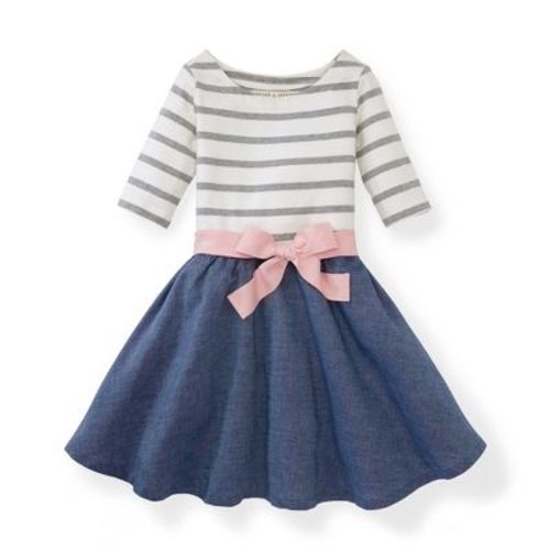 Hope & Henry Girls' Lightweight Blocked Skater Dress (pink And White With Chambray Skirt, 6-12 Months)