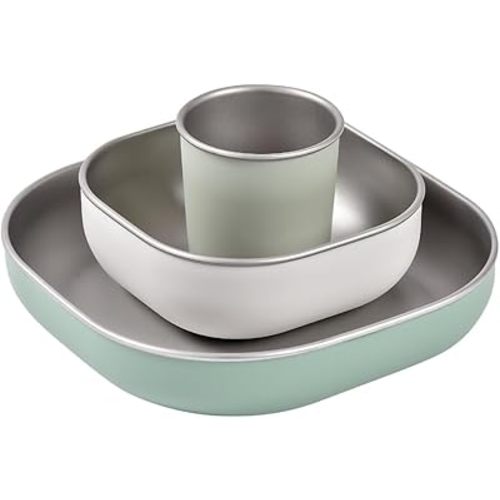 BEABA Stainless Steel Meal Set | Microwave and Oven Safe | Baby Plates Baby Bowls and Cup with Anti-Slip Silicone Cover | Kids Plates Non Toxic, Sage Green
