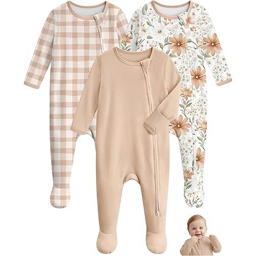 Unnivoll Baby Pajamas 100% Cotton Baby Sleepers for 0-3 Months 3Pcs Footie Pajamas Baby Boys Girls Clothes, Soft Infant Footed PJs with Mitten Cuffs, Two Way Zipper, Long Sleeve