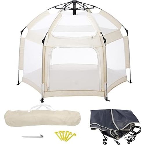 Baby Playpen, Portable Baby Playpen with UPF50+ Canopy, 1-Second Setup, Foldable Play Yard for Indoor/Outdoor Use, Kids Tent for Beach Camping Travel - Includes Travel Bag & Safety Stakes(Beige)
