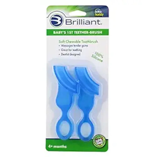 Brilliant Oral Care Baby’s First Toothbrush, Smooth Silicone Bristles Gently Clean Tender Teeth and Gums, for Ages 4+ Months, Blue, 2 Pack