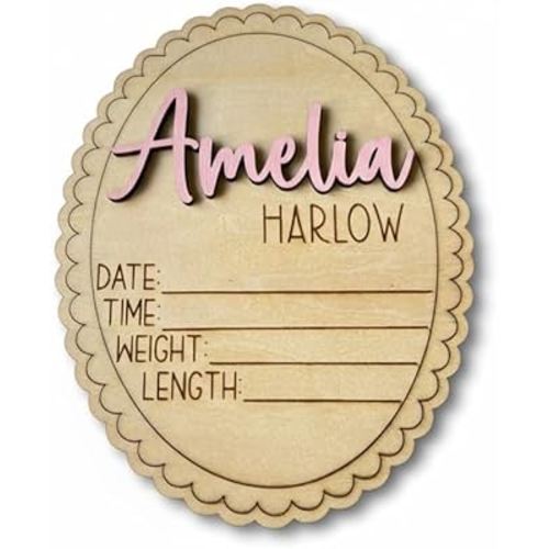 Personalized Scallop Edge 3D Baby Stat Name Sign, Engraved Birth Announcement Plaque, Baby Shower - Newborn Keepsake (Stat Sign)