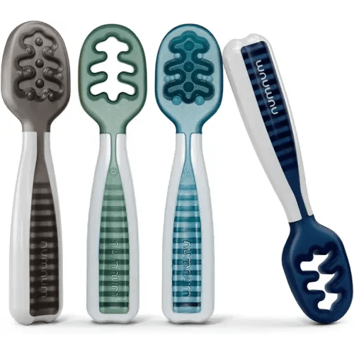 NumNum Baby Spoons Set, Baby Essentials Pre-Spoon GOOtensils for 6+ Months, First Stage Self-Feeding Spoons for Baby Led Weaning (BLW), Silicone Toddler Utensils, BPA-Free, 4 Pack Beach Picnic