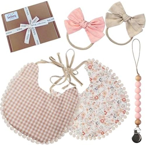 Baby Girl Reversible Bib set- Matching Headbands and Pacifier Clip, Set for 0-18 months drool bib paci set, girl accessories