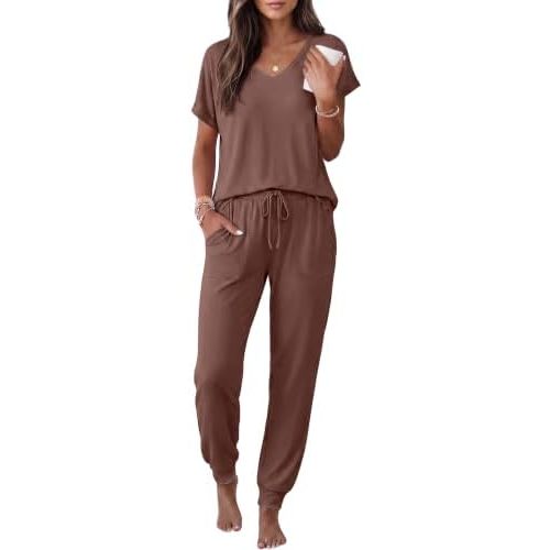 Ekouaer Pajamas for Women Set Short Sleeve Lounge Set Jogger Pants Pjs Soft Sleepwear with Pockets S-XXL