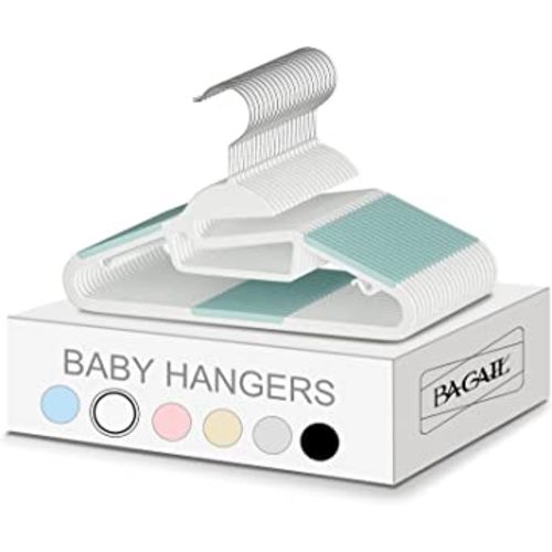 BAGAIL Kids Plastic Hangers S-Slide 50 Pack 12.6" Non-Slip Hangers 360° Swivel Hook Protect Collar Space Saving for Children Infant/Toddler Pants Coat-White