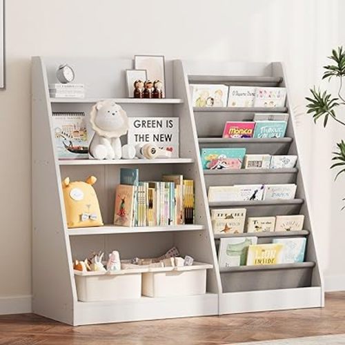 NACHES 4 Tier Kid Bookshelf Wooden 6 Sling Children Bookcase Toddler Montessori Bookcase Book Rack Display Toy Storage Organizer Book Display Shelf Stand Classroom Bedroom Nursery Playroom(White)