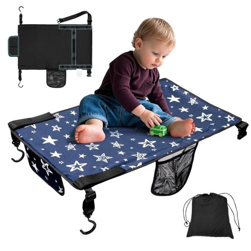 Toddler Airplane Bed, Soft Airplane Seat Extender for Kids, Baby Flight Portable Hammock Bed with Fasten Hook and Insert, Airplane Travel Essentials Kids, Anti-Slip - Plain, Dark Blue