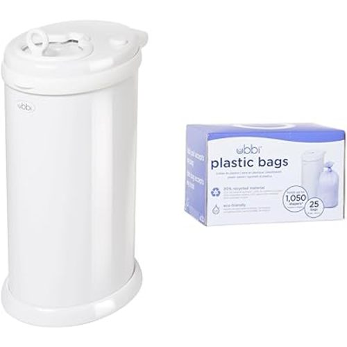 Ubbi Steel Odor Locking & Disposable Diaper Pail Plastic Bags, Single Pack, 25 Count, 13-Gallon Bags