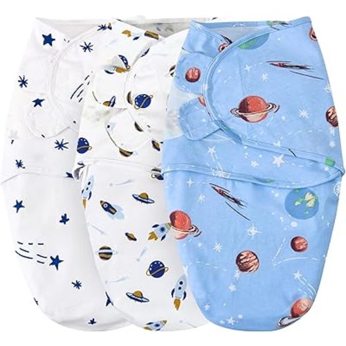david's kids 100% Cotton 3 Pack Baby Swaddle Wrap for 0-3 Months, Soft Breathable Swaddle Blanket for Newborn Infant, Adjustable Baby Wrap Sleep Sacks for Boys Girls, Newborn Essentials, Space