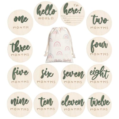 Burbell 7 Pack 3D Baby Monthly Milestone Card Signs Baby Announcement Sign Double Sided Hello World Newborn Signs Wooden Circles Discs for Welcome Newborn Boy Girl Photo Props(Green,Letter)