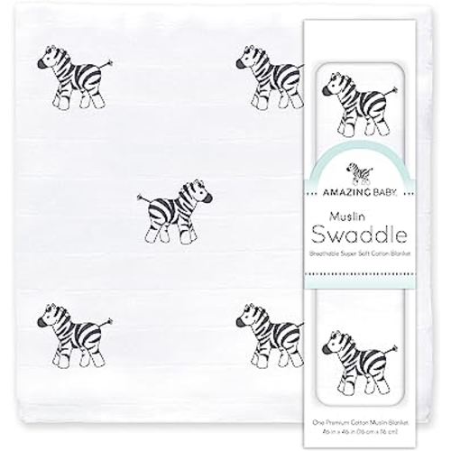 Amazing Baby - Sensory Muslin Swaddle Blanket, Premium Cotton, Zebra, Black and White for Baby Visual Development