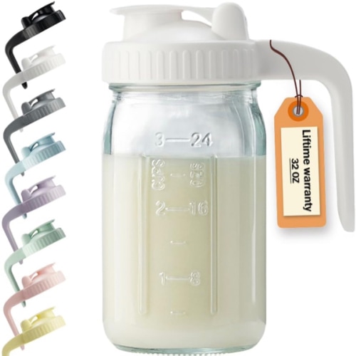 32oz Glass Pitcher with Lid & V-shaped Pour Spout - 1 Quart Breastmilk Pitcher Double Leak Proof, Creamer Container for Sun Tea, Juice, Cold Brew Coffee, Breastmilk Storage Container