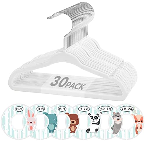 Baby Hangers, VIS'V 11 Inch White Velvet Kids Hangers with 6 Pcs Size Dividers Non Slip Nursery Children Closet Clothes Hangers for Infant Toddler Girls and Boys 30 Pcs