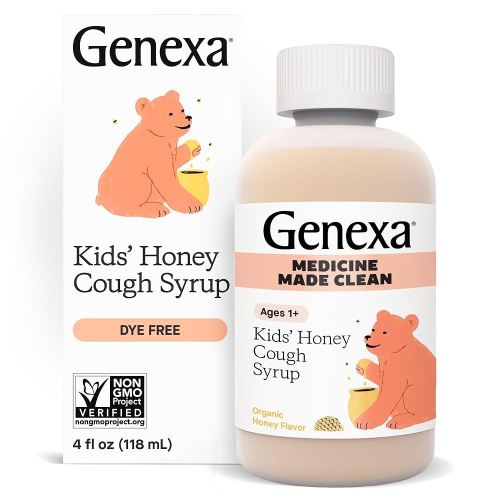 Genexa Kids’ Organic Honey Cough Syrup, Dye Free, 0% Artificial Additives, Children's Cough Remedy for Kids 2-11, Soothing Natural Honey Flavor, Gluten Free, & Non-GMO 4 fl oz