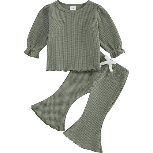 fhutpw Infant Girl Clothes Lantern Sleeve Solid Top and Flared Pants Sets Baby Newborn 6 12 18 Months 2T Fall Winter Outfits