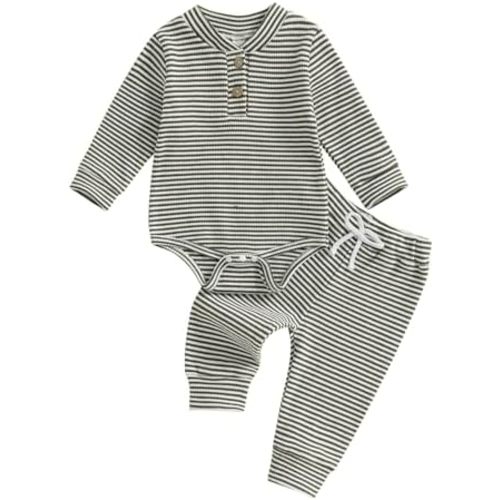 Newborn Baby Boy Girl Clothes Waffle Knit Long Sleeve Romper Long Pants 2Pcs Set Infant Striped Fall Winter Outfit