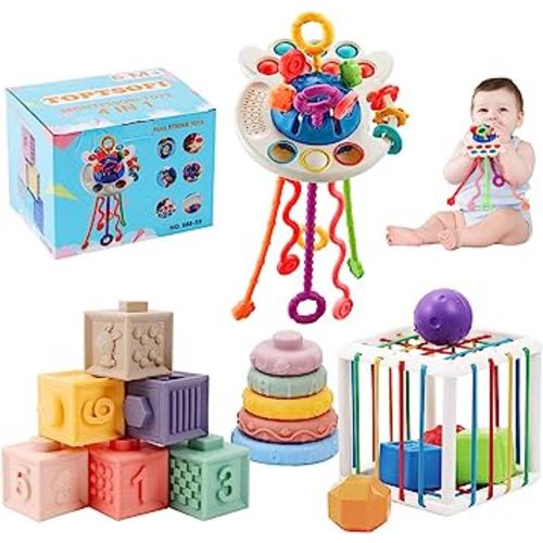 4 in 1 Baby Toys 6to12-18 Months, Pull String Baby Teething Toys, Stacking Building Blocks Infant Toys 3-6-9-12 M+, Color Shape Bin Sensory Toys, Montessori Toys for 1-3 Year Old Boy and Girl Gift