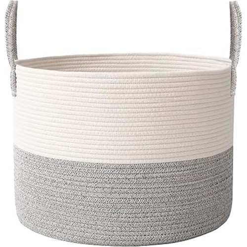 Woven Blanket Basket,65L Large Rope Storage Bin with Handles, Organizer for Blankets Toys Book and Clothes, Laundry Basket for Living Room Bedroom Nursery,White&Grey
