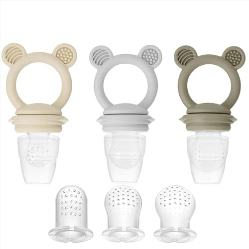 PandaEar 3 Pack Baby Fruit & Food Feeder Pacifier, Silicone Feeder Pacifier with 3 Sizes Pouches for Babies Toddlers Infants Kids, BPA-Free Food Grade Soft Safe -Tan/Grey/Brown