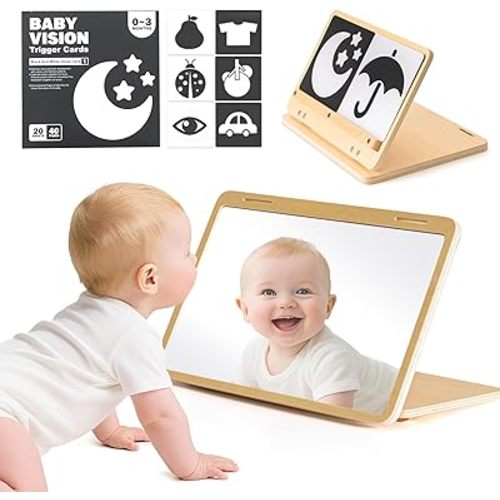 Tummy Time Mirror for Baby Montessori Baby Floor Mirror with High Contrast Black and White Cards Infant Safe Mirror Toy for Newborn
