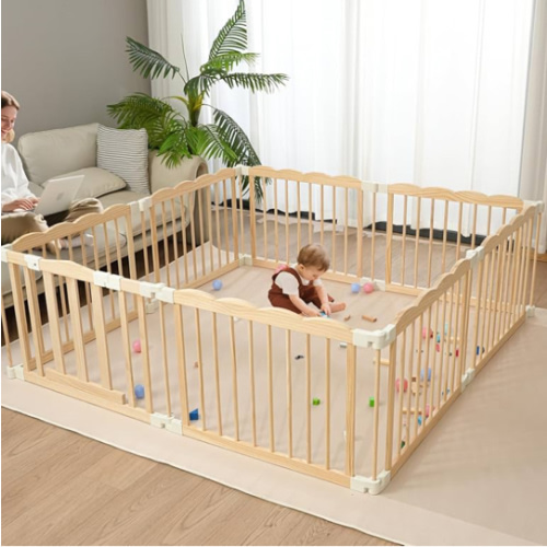 Baby Playpen Natural Wood Playpen for Babies and Toddlers Portable Infant Play pens for Kids Extra Large Toddler Wood Fence Play Area with Suction Cups(Foldable Connector)