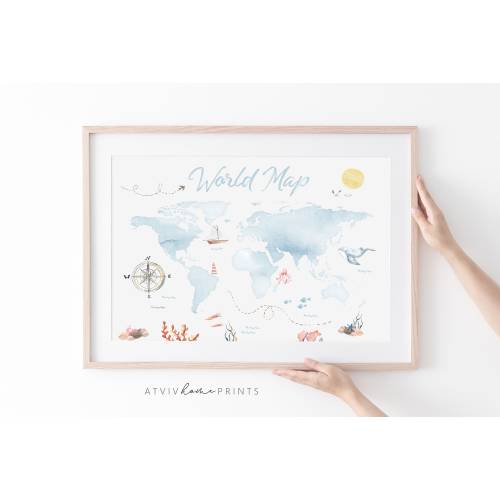 Nautical world map print, kids world map print, boys world map print, ocean world map print, beach nursery print, Ocean Nursery Print, coast